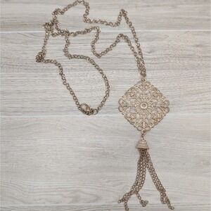 Vintage Style Gold Tone Filigree Pendant Necklace Tassel Chain Boho 22"